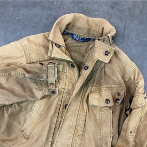 Vintage Polo Ralph Lauren Utility Jacket Tan Canvas Distressed Sz L